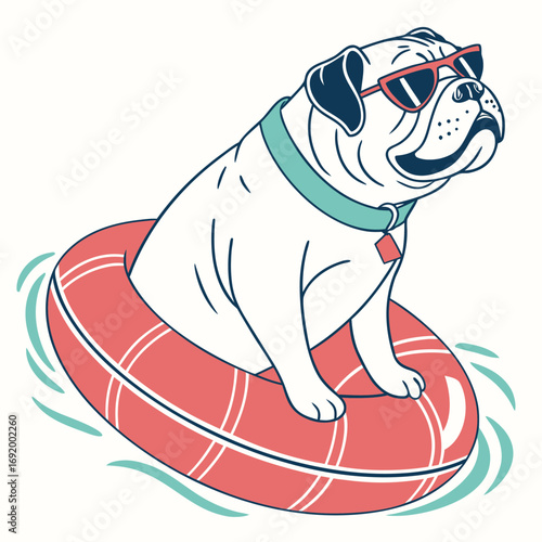 A cool bulldog is floating on an inflatable ring wearing sunglasses isolated on white background summer vacation and relaxation concept