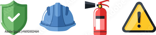 Safety icons including shield hard hat fire extinguisher and warning sign vector