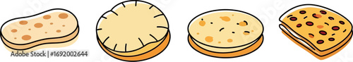Four stacked food items with different toppings isolated on a black background for culinary design vector