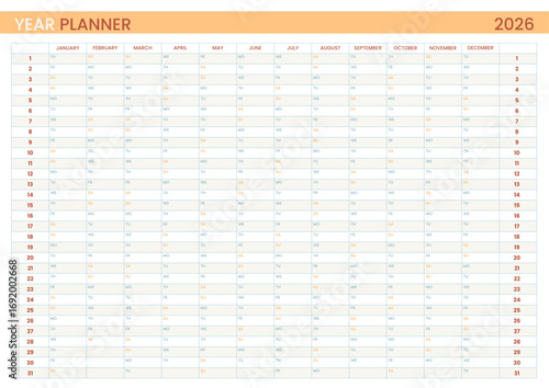2026 year calendar planner horizontal page template of minimalistic design for personal, work, education