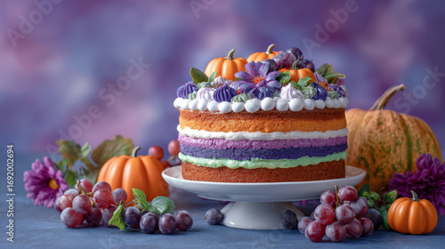 A vibrant fall-themed cake on a white stand, adorned with pumpkins, grapes, and purple flowers, set against a blurry purple background