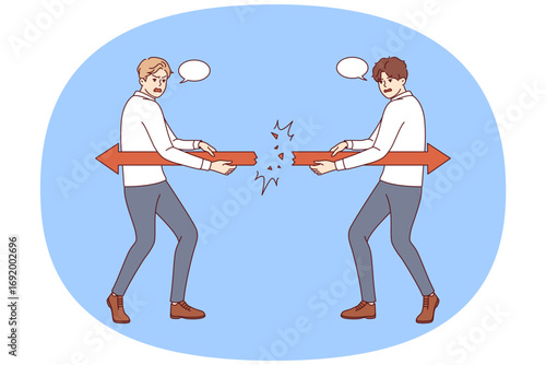 Opposite tactics of two business people pulling arrows in different directions causes conflict. Office clerks have opposite opinion, which interferes with implementation of KPI set by manager