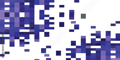 Abstract graphic design featuring scattered, pixelated squares in shades of blue and purple.
