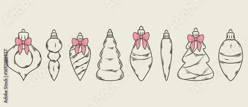 A set of hand-drawn chalk new year balls with ribbon. Vector illustration