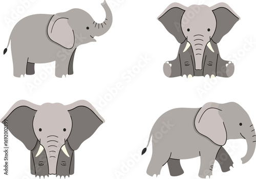 Four cute cartoon elephants in different poses for children's designs vector