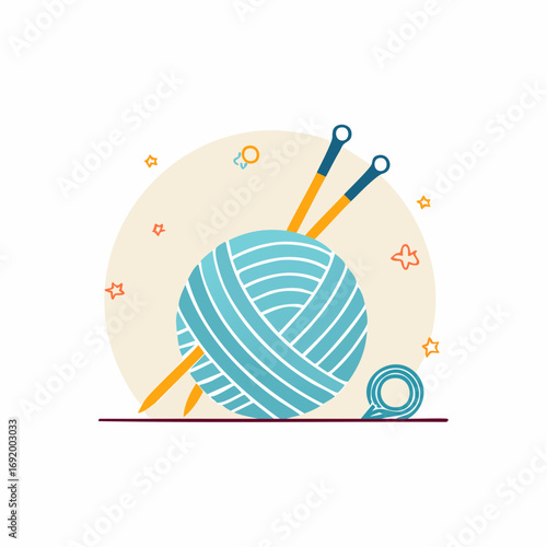 Ball of yarn with knitting needles and crochet hook, crafting at home
