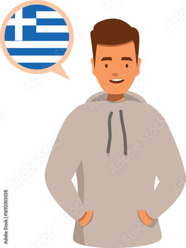 Smiling man speaking greek, learning greek language, studying abroad, greece flag in speech bubble