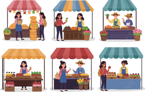 Market stalls cartoon set, vendors, customers, produce, bread, fruit, vegetables, flowers, shopping, community, commerce, outdoor, sale, fresh, food