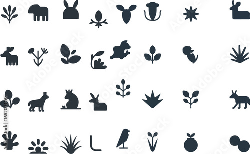 Nature's Miniature Icons: A curated selection of stylized nature-inspired icons, featuring animals and botanicals in a minimalistic visual narrative. Perfect for various creative projects.