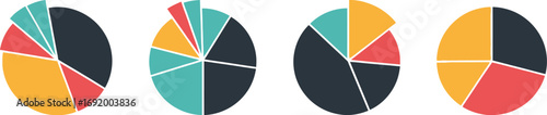 Four colorful pie charts displaying data segmentation and analysis visualizations vector