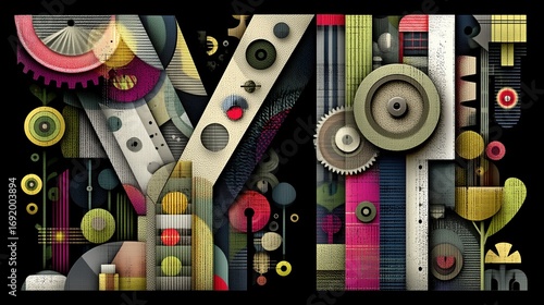 Colorful Mechanical Letter Y Art, Geometric Industrial Illustration