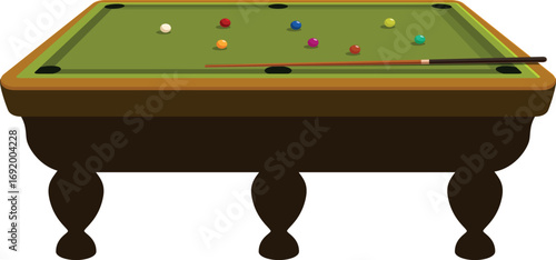 Green billiard table with colorful balls scattered across its surface, a cue stick resting nearby, ready for a game