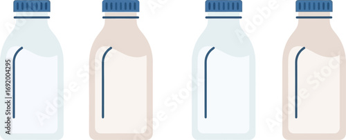 Four transparent glass bottles of milk with blue caps lined up side by side vector
