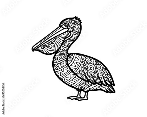 Ornate pelican illustration with intricate tribal patterns isolated on white background