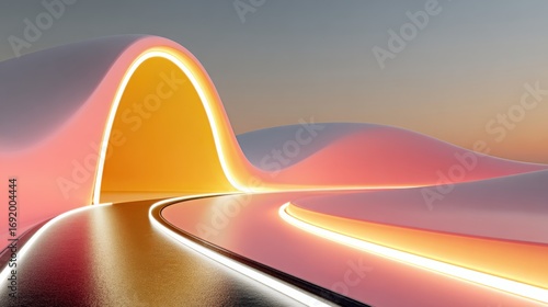 Abstract Pink and Orange Glowing Archway Over Reflective Surface architecture bright
