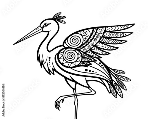 Black and white ornamental stork standing on one leg, isolated on white background