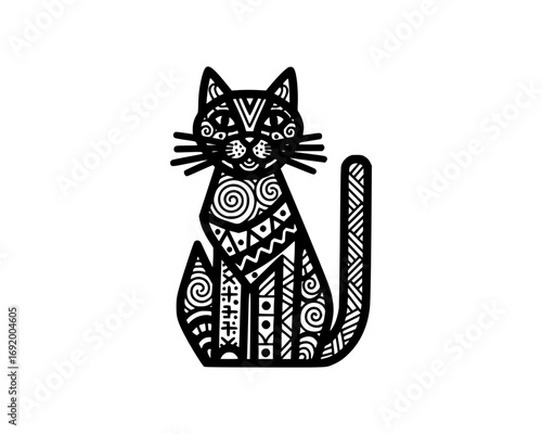 Artistic black cat with detailed tribal markings isolated on white background
