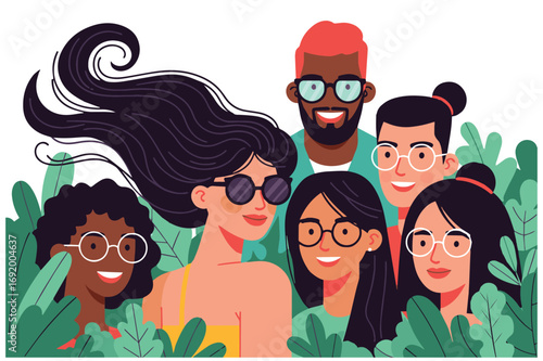 Vector art of diverse group of young people with glasses and sunglasses, smiling and surrounded by greenery
