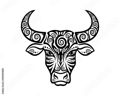 Stylized bull head with tribal patterns and large horns isolated on white background