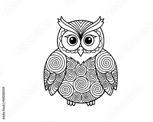 Whimsical owl illustration with intricate spiral patterns isolated on white background