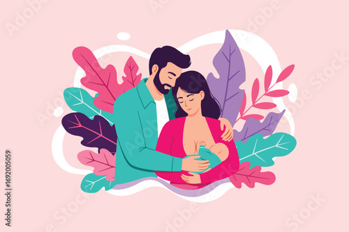 Vector art of a couple embracing, with the mother breastfeeding the baby, surrounded by colorful abstract leaves and organic shapes, representing family and nurturing