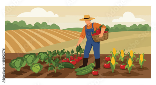 Farmer harvesting vegetables on farmland with crops of tomatoes, corn, etc