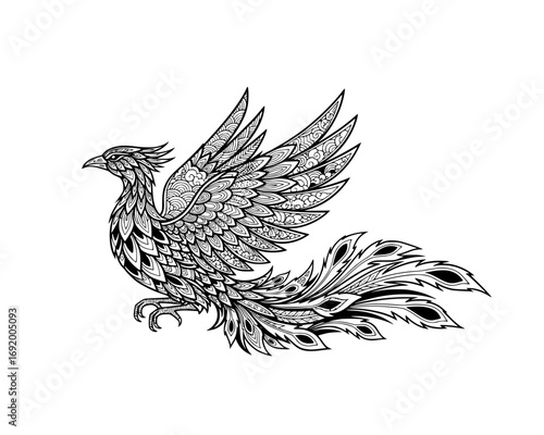 Intricate black and white phoenix illustration isolated on white background