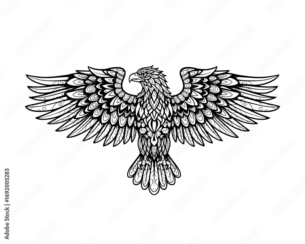 Fototapeta premium Majestic tribal patterned eagle with wings spread isolated on white background