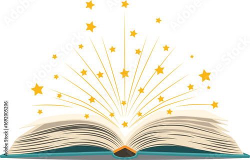 Vector art of open book with golden stars and sparkles emanating from pages