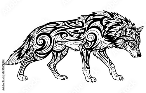 Stylized wolf walking with detailed tribal swirling patterns isolated on white background