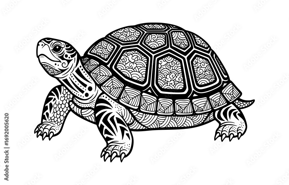 Fototapeta premium Tribal turtle with intricate patterns isolated on white background