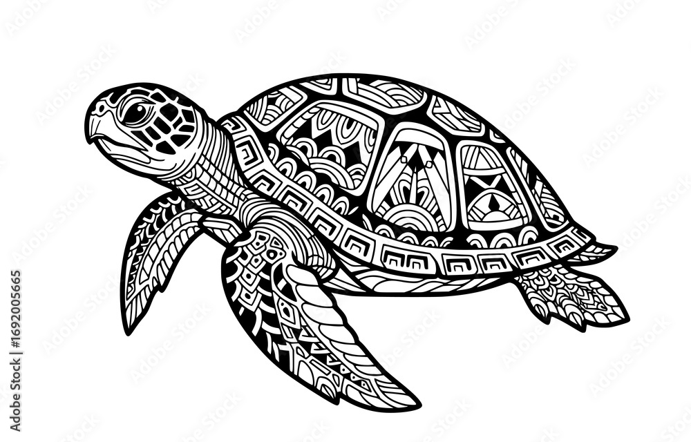 Fototapeta premium Sea turtle with tribal patterns isolated on white background
