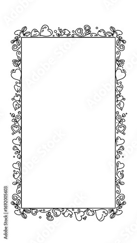 Decorative rectangular frame with heart and floral elements isolated on white background