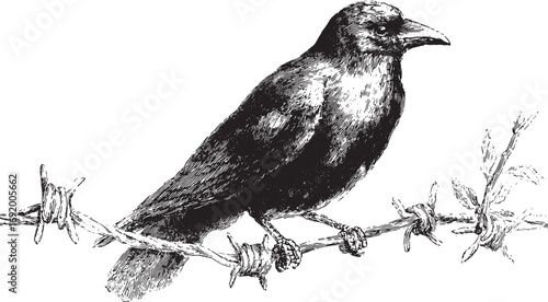Crow sitting on barbed wire in a detailed ink sketch. Handdrawn monochrome bird vector illustration.