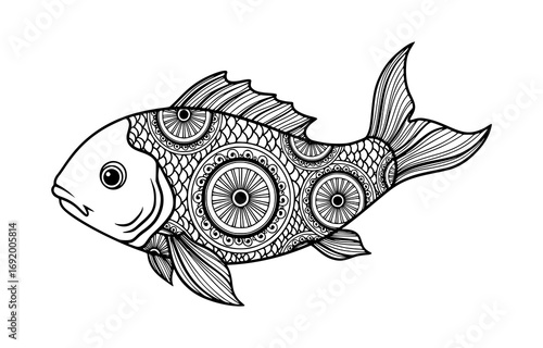 Ornate fish with mandala patterns, isolated on white background