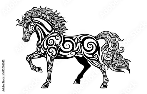 Tribal horse with ornate swirling patterns isolated on white background