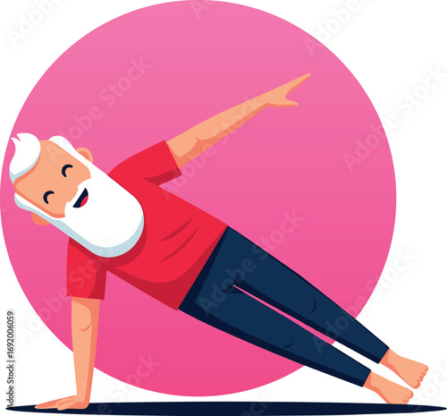 Vector art of elderly man with white beard doing side plank yoga pose