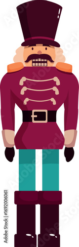 Classic christmas nutcracker soldier toy wearing traditional red uniform, black top hat and boots, perfect for holiday decorations and festive celebrations