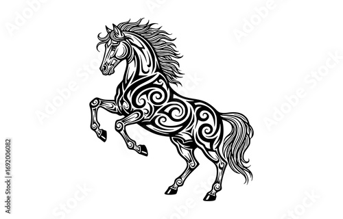 Tribal horse rearing up with ornate swirling patterns isolated on white background