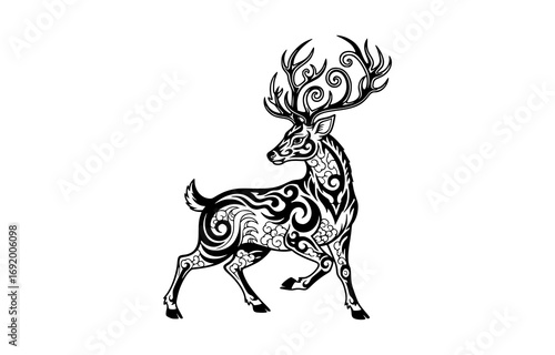 Tribal deer with ornate swirling patterns and large antlers isolated on white background