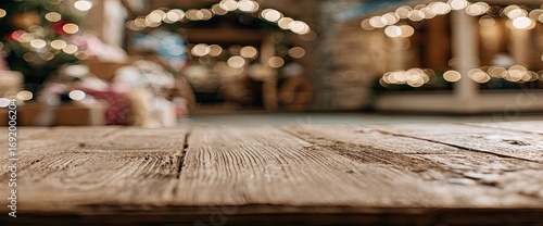 Rustic wooden table top with blurred Christmas market background