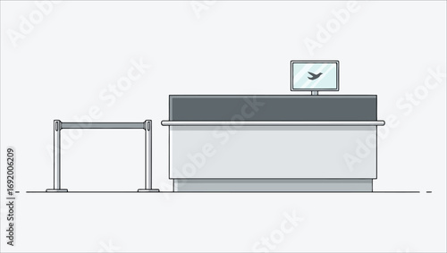 Airport Check-In Counter Illustration with Monitor and Barrier for Travel and Tourism
