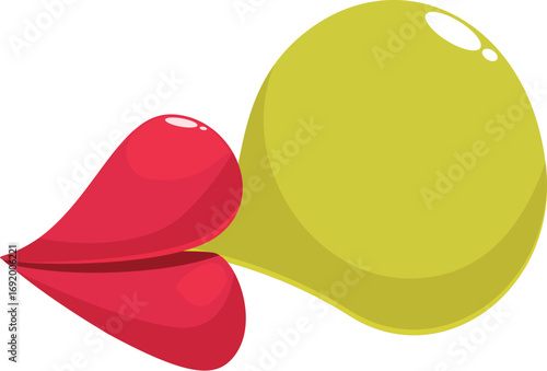 Red lips blowing a yellow chewing gum bubble on white background