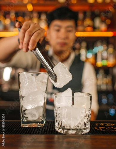 Bartender adding ice to cocktails