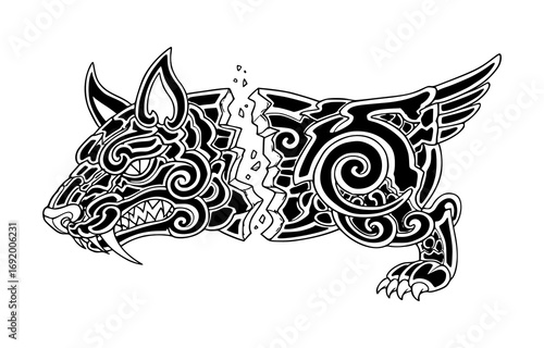 Mythical winged wolf creature with intricate tribal tattoo design