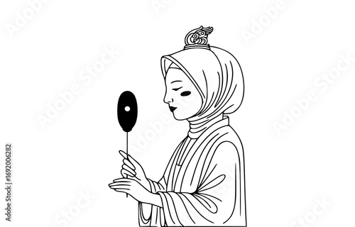 Line art of a woman in hijab holding a mirror with a bird on her head, isolated on white background
