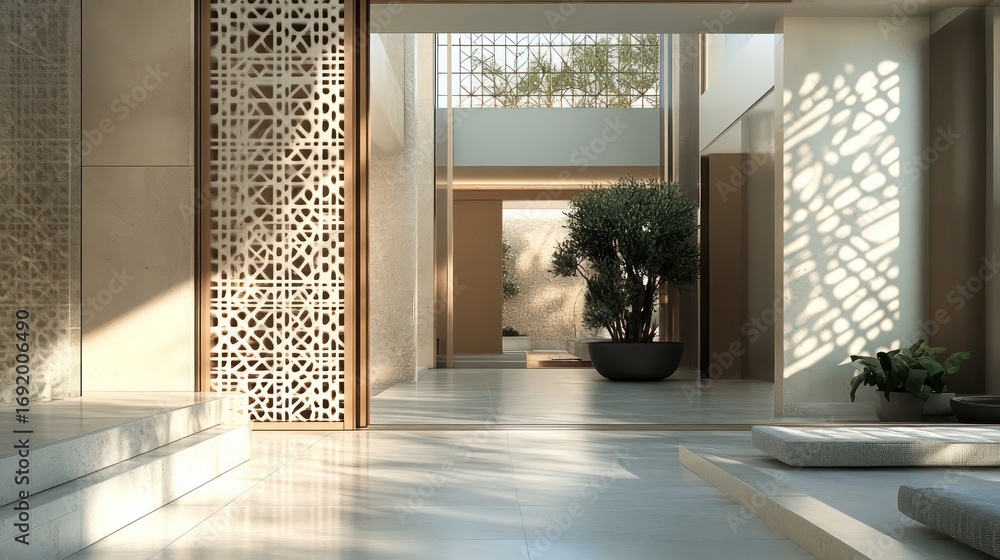 Fototapeta premium Contemporary sliding gate with geometric patterns, smooth operation, and space optimization