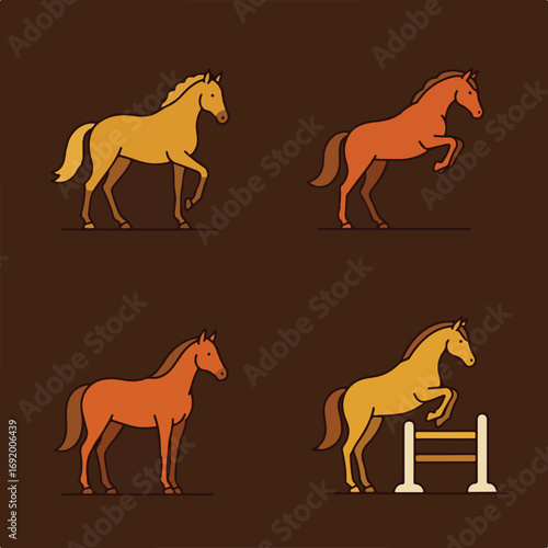 Horses Four illustrations of horses in different poses on brown backdrop