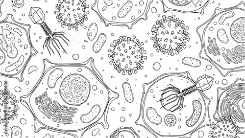 Microscopic world bacteriophages and viruses interacting with cells