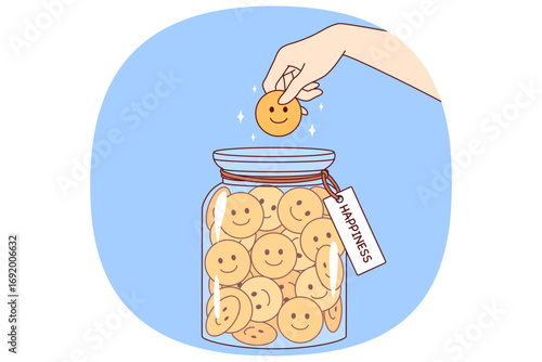 Hand of human collecting happiness, putting positive emojis into jar, for concept of preserving fun moments in life. Person who collects happiness to maintain mental health and avoid depression